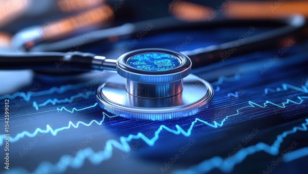 Poster close-up of a stethoscope placed on a digital screen displaying blue heart rate waves symbolizing he