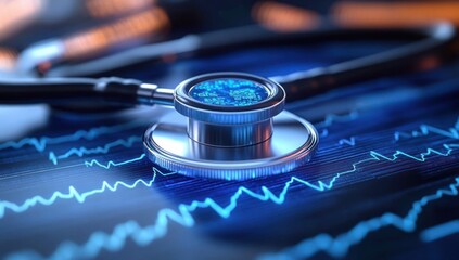 close-up of a stethoscope placed on a digital screen displaying blue heart rate waves symbolizing health monitoring and medical diagnostics