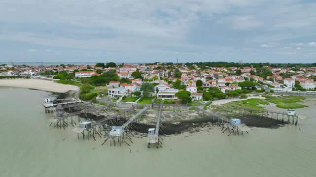 Fishing huts over Randonnee entre Histoire et Nature from a drone, Fouras, Fouras-les-Bains, Charente-Maritime, Nouvelle-Aquitaine, France, Europe