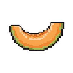 Fototapeta premium A vibrant pixel art melon slice featuring orange flesh and a green rind. This retro 8 bit fruit graphic is perfect for games and digital designs.