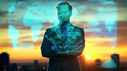 Futuristic businessman with data overlay at sunset, arms crossed - Powered by Adobe