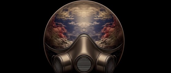 A metal respirator helmet, reflecting a mirrored image of clouds and a sky, on a black background