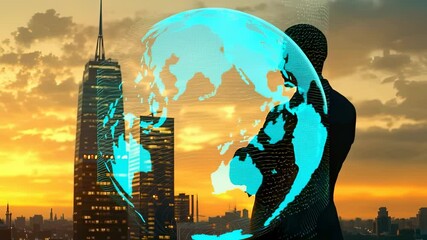 Silhouette of a businessman with a digital globe overlay against a city skyline at sunset - Powered by Adobe