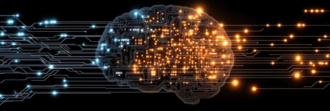 A digital brain with circuit patterns, highlighted by glowing nodes.  The brain is composed of intersecting lines, and glowing points of light.  A dark background emphasizes the image