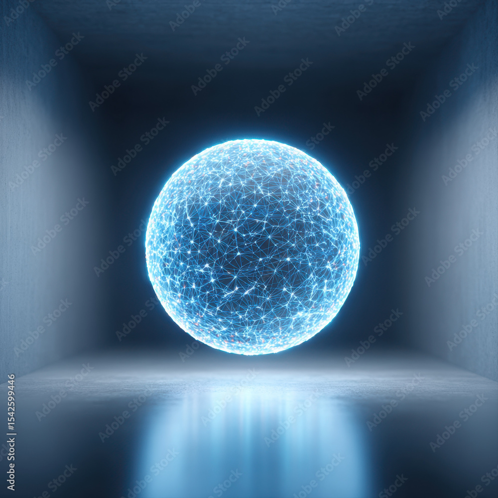 Poster glowing futuristic sphere of interconnected data points floating in dark room, emitting bright blue 