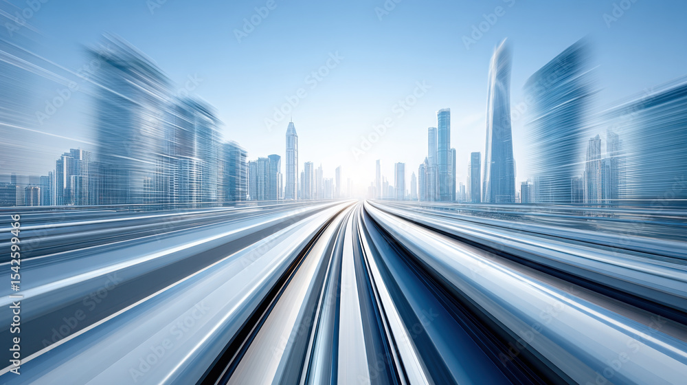 Aufkleber futuristic high speed rail track leading into modern city skyline with tall skyscrapers under clear 