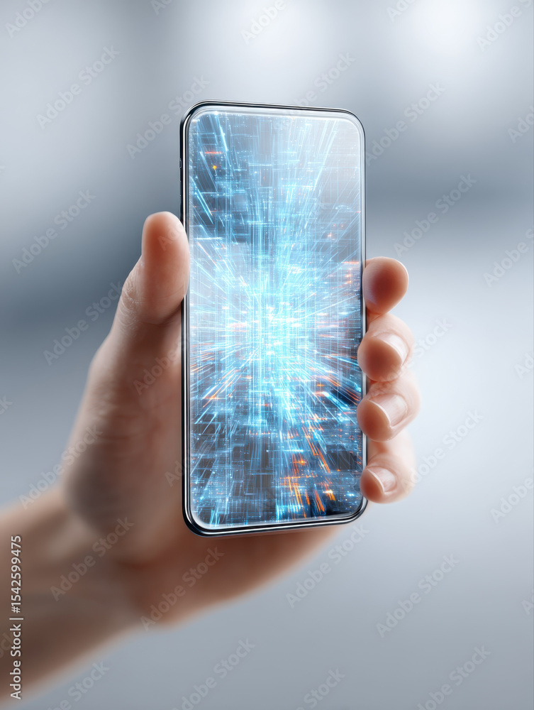 Poster futuristic transparent smartphone with holographic digital interface glowing in blue and orange ligh