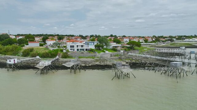 Fishing huts over Randonnee entre Histoire et Nature from a drone, Fouras, Fouras-les-Bains, Charente-Maritime, Nouvelle-Aquitaine, France, Europe