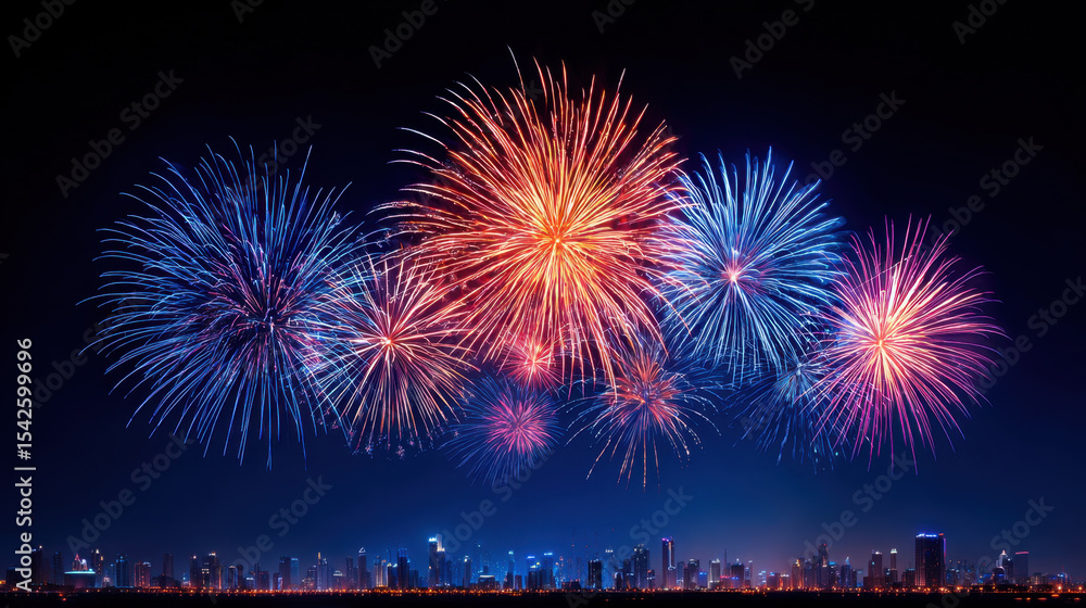 Poster beautiful cinematic shot of colorful fireworks exploding over city skyline at night, creating festiv