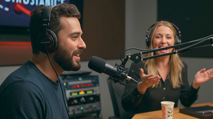 A man with a beard and headphones is speaking into a microphone while a blonde woman, also wearing headphones, smiles and gestures beside him in a podcast or radio studio setting.