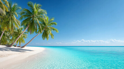 Beautiful deserted tropical beach with clear turquoise water and green palm trees under bright blue sky, peaceful and inviting