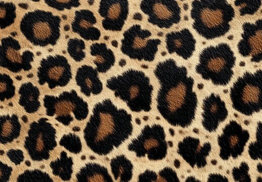 Close-up view of animal fur with jaguar or leopard dark rosettes and spots pattern on golden brown background