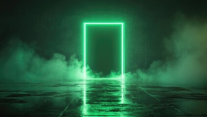 Neon green rectangle doorway in smoky room