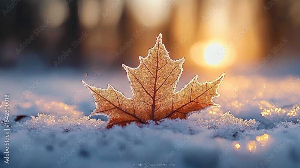 Poster close-up of an orange autumn leaf covered with frost resting on snow with a bright glowing sun in th