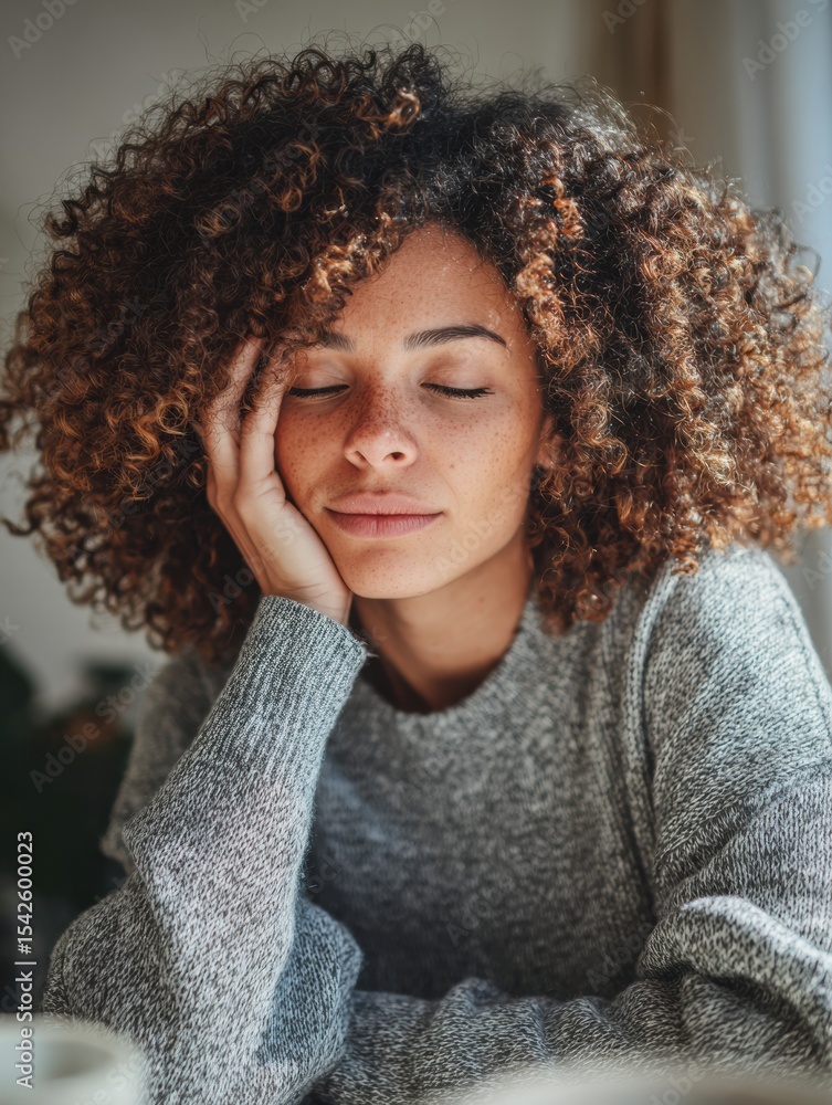 Poster practicing mindfulness and relaxation techniques to improve emotional health in a cozy indoor settin