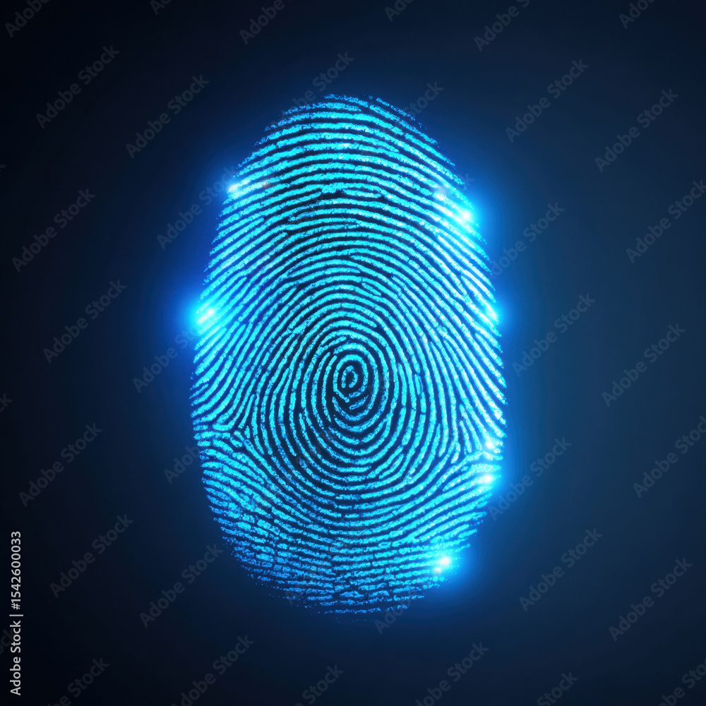 Aufkleber Glowing blue digital fingerprint scan with bright light points on dark background, symbolizing security and identity verification