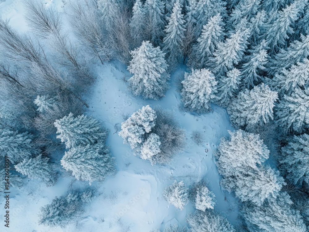 Poster aerial view of a snow-covered forest with frost-covered evergreen trees surrounding an open snow-cov