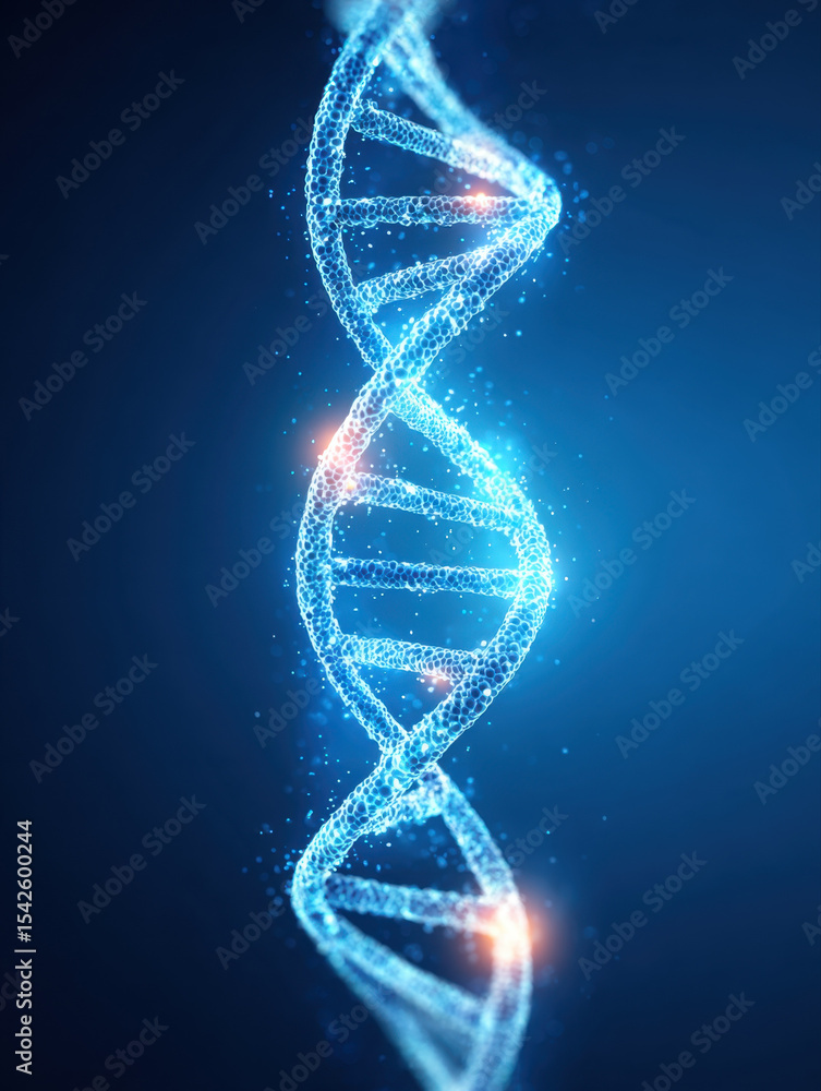 Poster Glowing futuristic DNA double helix structure made of connected particles and light points, symbolizing genetic science and technology