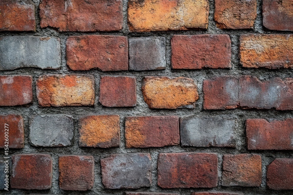 Poster close-up of an old rustic brick wall with various shades of red, orange, and gray bricks arranged in