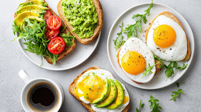 Delicious flat lay of brunch spread with avocado toast, fried eggs, fresh arugula, cherry tomato, and cup of black coffee