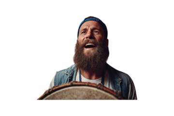 A Joyful Man Playing Drum: A bearded man, full of zest, engrossed in the rhythmic act of playing a drum, his face lit with sheer delight as he pours heart and soul into each beat. 