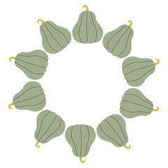 Pumpkin circle frame. Round border made of fall pumpkins. The pumpkins have different shapes and are arranged in a circle. Vector flat isolated on white background.