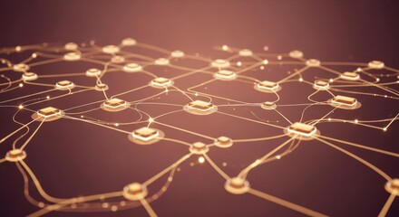 Obraz premium A network of interconnected nodes with glowing lines on a brown background in a close up view