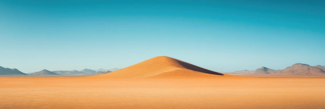 Vast desert landscape with a single dune under a vibrant blue sky