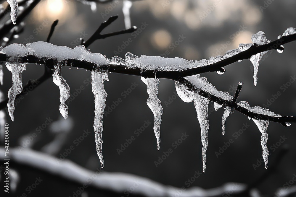 Poster close-up of tree branches covered in elongated icicles and a layer of snow against a blurred winter 