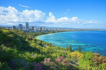 Naklejka premium Coastal city skyline with tall buildings by a vibrant turquoise ocean and lush green forest with blooming purple flowers under a bright blue sky