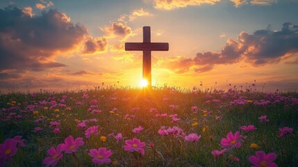 A wooden cross standing in a field of pink and yellow flowers during a vibrant sunset with sun rays shining through the base of the cross under a partly cloudy sky