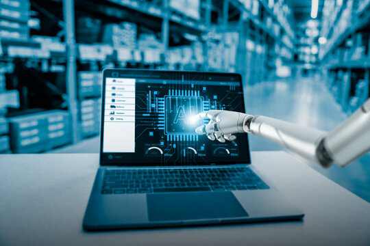 AI robotic hand interacting with warehouse management system on laptop computer, futuristic artificial intelligence automation for smart logistics and industrial digital transformation