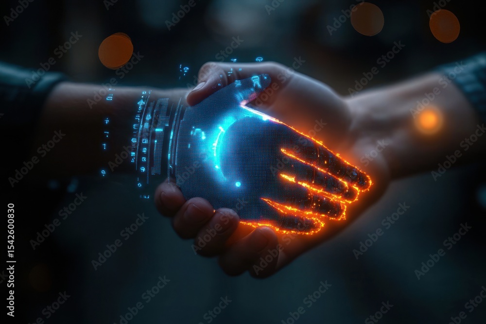 Poster human hand shaking with a glowing digital holographic hand displaying futuristic data and technology