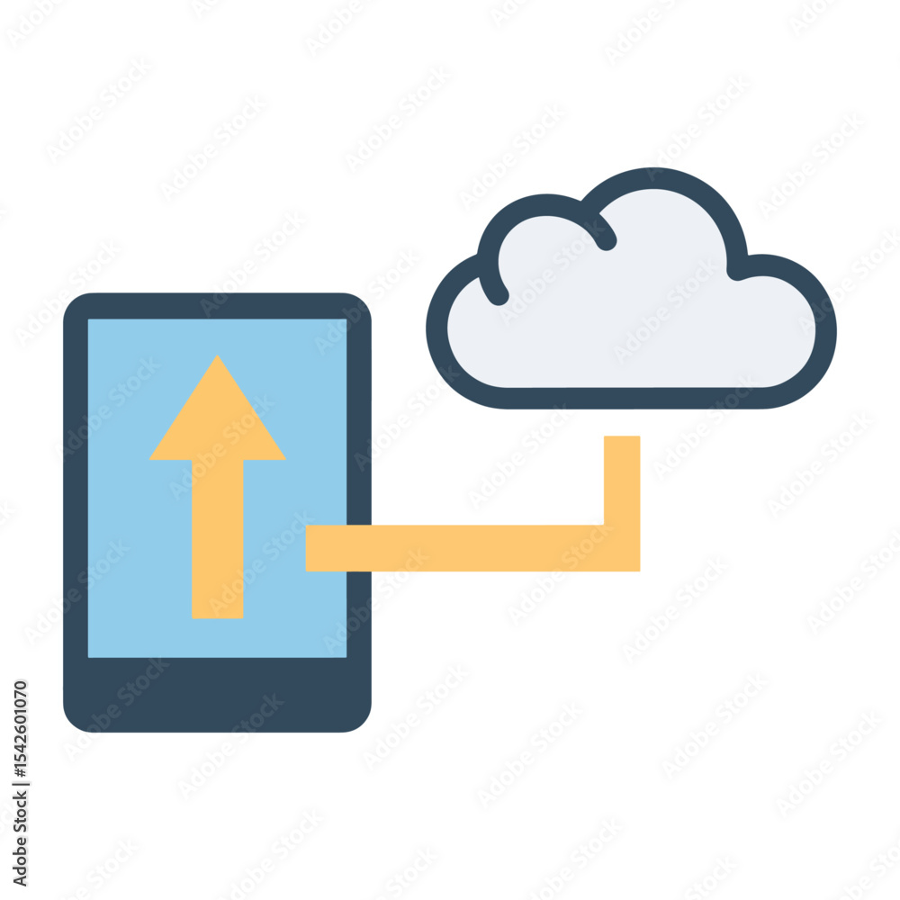 Poster vector illustration shows a tablet with an upward arrow linked to a cloud depicting cloud storagecom