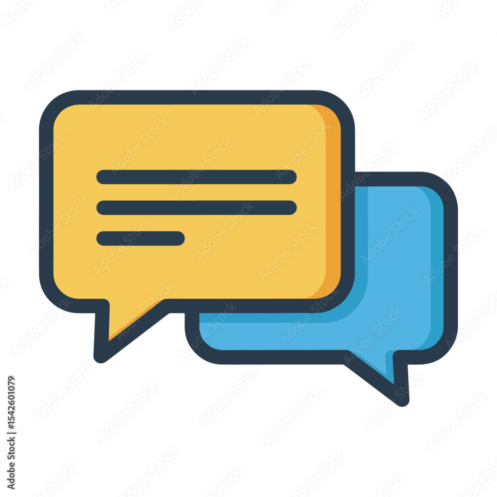 Poster two speech bubbles one yellow with horizontal lines overlapping a blue one with a dark border
