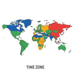 Obraz premium World map divided by time zones colored blue green orange and red against a white background