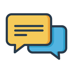 Two speech bubbles one yellow with horizontal lines overlapping a blue one with a dark border