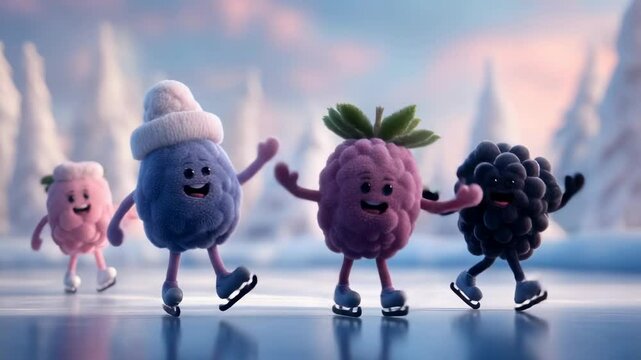 Fruit characters skating winter scene
