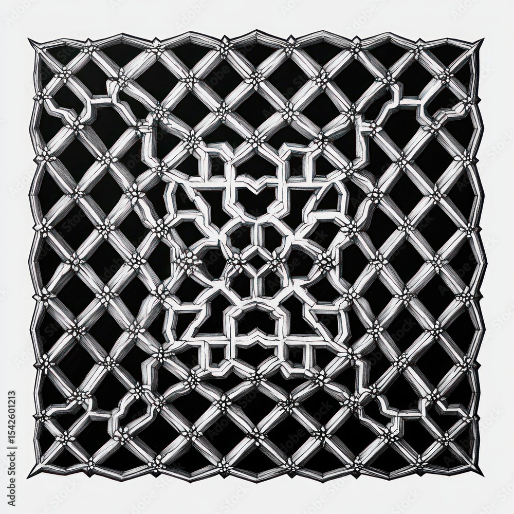 Poster intricate symmetrical black and white geometric lattice pattern featuring interconnected interwoven 