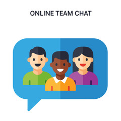 Three diverse cartoon people appear in a blue speech bubble labeled ONLINE TEAM CHAT