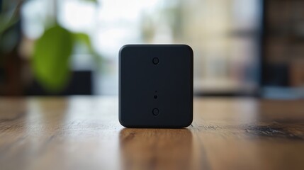 Dark gray square device resting on a wooden surface.