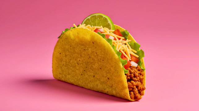 A golden-brown crunchy taco shell filled with seasoned ground meat, shredded lettuce, diced tomatoes, and grated cheese, topped with a lime wedge, against a vibrant pink background.