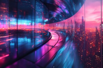 Futuristic cityscape glows with vibrant hues of pink and blue through sleek, curved, glass structures.