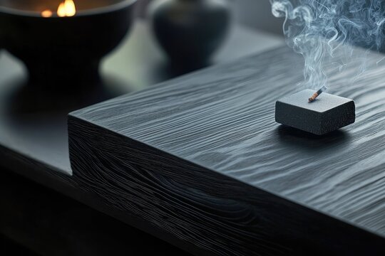 Dark wooden surface, incense stick, smoke rising