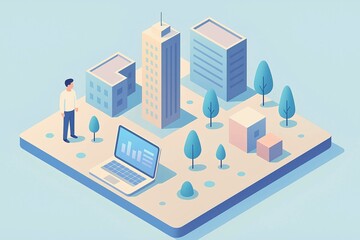 Fototapeta premium Isometric illustration of smart city layout with modern buildings and man standing beside laptop display