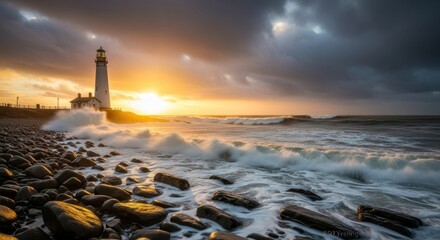 A lighthouse stands tall against a dramatic sunset sky overlooking a rocky beach and crashing waves