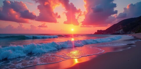 Fiery orange and pink sunset hues paint the Pacific, waves gently lapping the shore , horizon, cliff