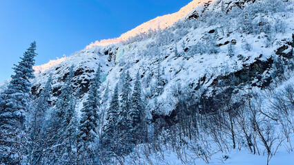  Stunning winter mountain landscape with snow-covered trees and cliffs under clear blue sky....