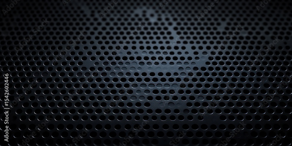 Poster close-up of dark metal surface with regularly spaced circular perforations showing layered structure