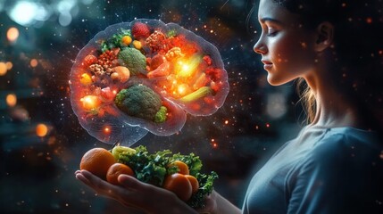 Young woman holding fresh vegetables and fruits with a glowing, digital brain-shaped hologram of fruits and vegetables floating above her hands, symbolizing healthy eating and brain nutrition
